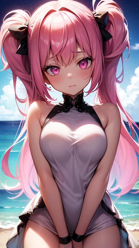 (Highest quality,Super detailed,girl),Pink Hair,Height: 160cm,cute,Pink Eyes,Twin tails,Big Breasts,Her eyes are white and shining,Look at me from up close,Has bright white eyes,Has an embarrassed look on his face,Completely naked,