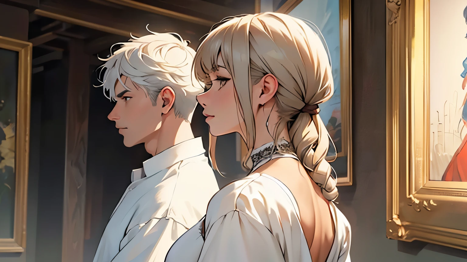 ((best quality)), ((work of art)), ((detailed)), young man with short white hair, casual clothing, in profile, staring at woman with long brown hair, bangs, wearing a white dress with a neckline, also in profile, staring back