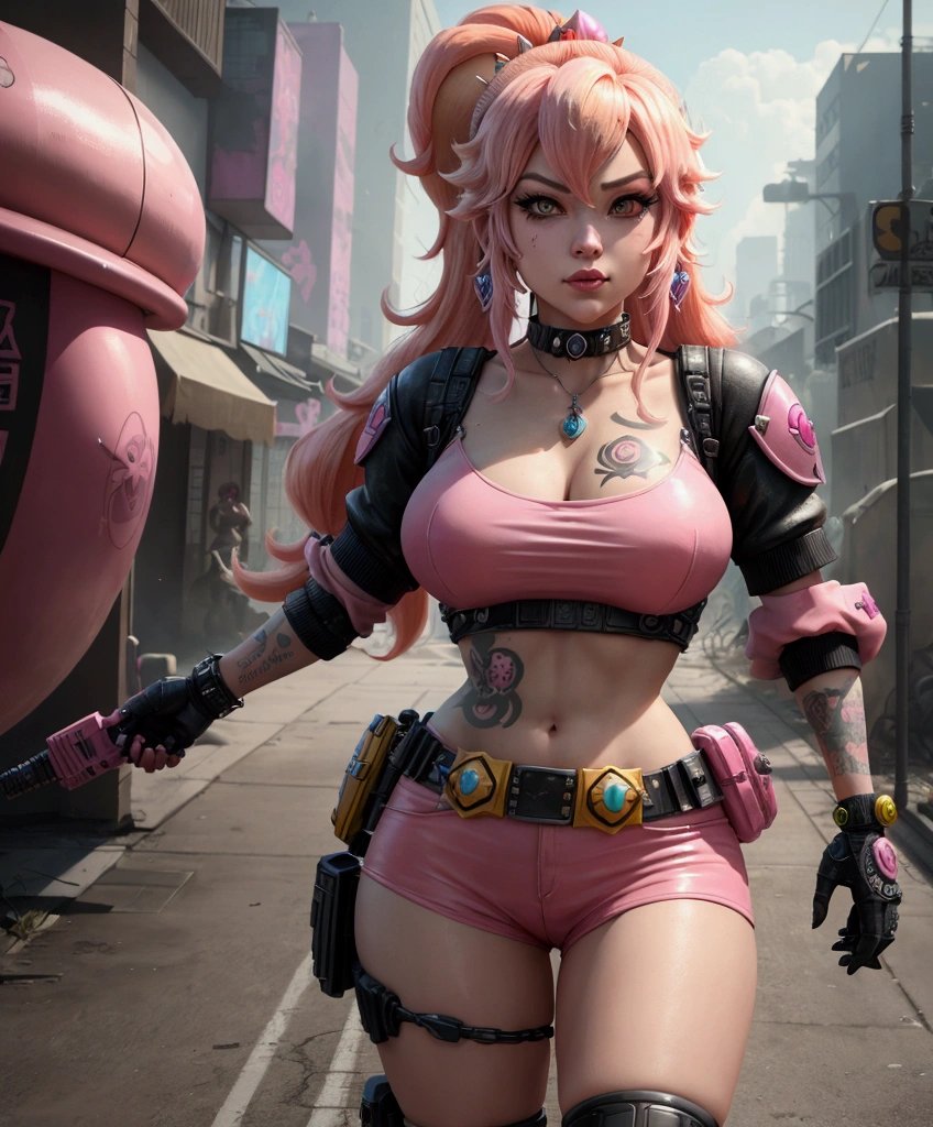 
Imagine Princess Peach as a reveled female bounty hunter, with tattoos and pink highlights, in a crime neighborhood in a city and a cyber-punk era.