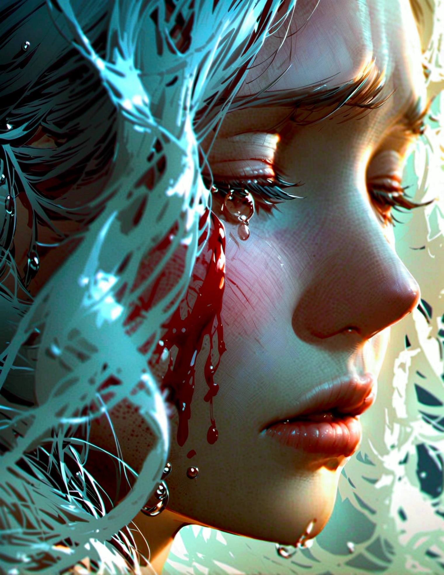 Portrait of a beautiful woman, cried, sad, tears of blood, suffering,only part of the face, long white hair, mouth closed, Closed eyes,