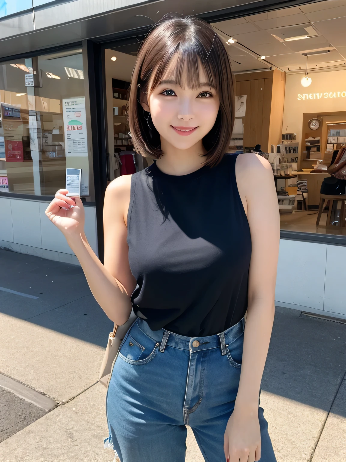 Very detailed CG Unity 8K 壁紙, Highest quality, Very detailed, masterpiece, Realistic, Realistic, Very detailed Japanese cute girls, (32 years), blush, Round eyes, Thick eyebrow chest,   High resolution raw color photos, Professional photos, Portrait of sexy girl、Anatomically correct body shape、Healthy body shape、Brown short hair、smile、Write your hair、Front view、Show your side、Avoid the same pose、The whole body is shown、Female announcer、Mature Woman、Pictured alone、Has bangs、Neat clothes、City、bustling street