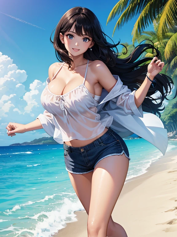 (Highest quality、masterpiece、High resolution、8K)、Vibrant colors、Young and beautiful woman 1、whole body、Brown and black short bob、barefoot、(Detailed face、Beautiful Eyes、Beautiful nose、Pretty lips)、Ample beautiful breasts、Beautiful cleavage、White shirt and shorts、Running on the beach、A refreshing smile、Official Art、The background is the sea、blue sky、Large white waves and wide sandy beach、Wide forest、White Entrance Cloud、(Depth of written boundary:1.3)、