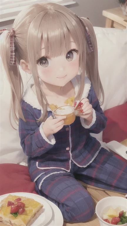 Cute girl in pajamas eating breakfast