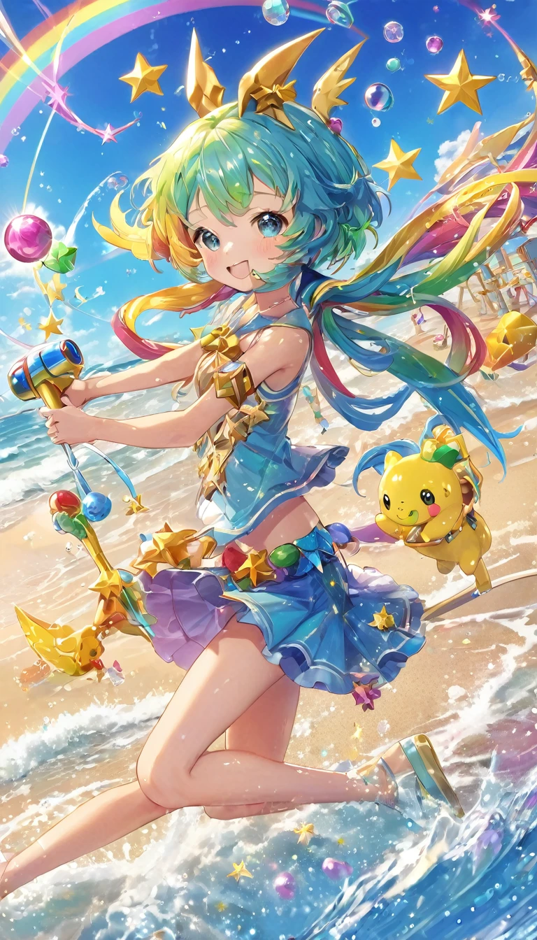 A vivid anime-style magical girl、She has rainbow-colored hair。Dressed in futuristic clothing、Shiny accents are added。Wields a star-shaped wand、There are floating holographic symbols and sparkles scattered all around、Highest quality、masterpiece、beautiful、detailed、Year: 12、Twin-tailed elementary school girl、beach、Pouring sunlight、Dynamic pose、Spraying water with a water gun、Angle from below、smile、Slim figure、(Wet and see-through clothing:1.2)、covered erectile nipples、camisole、Striped underwear、(cameltoe:0.8)