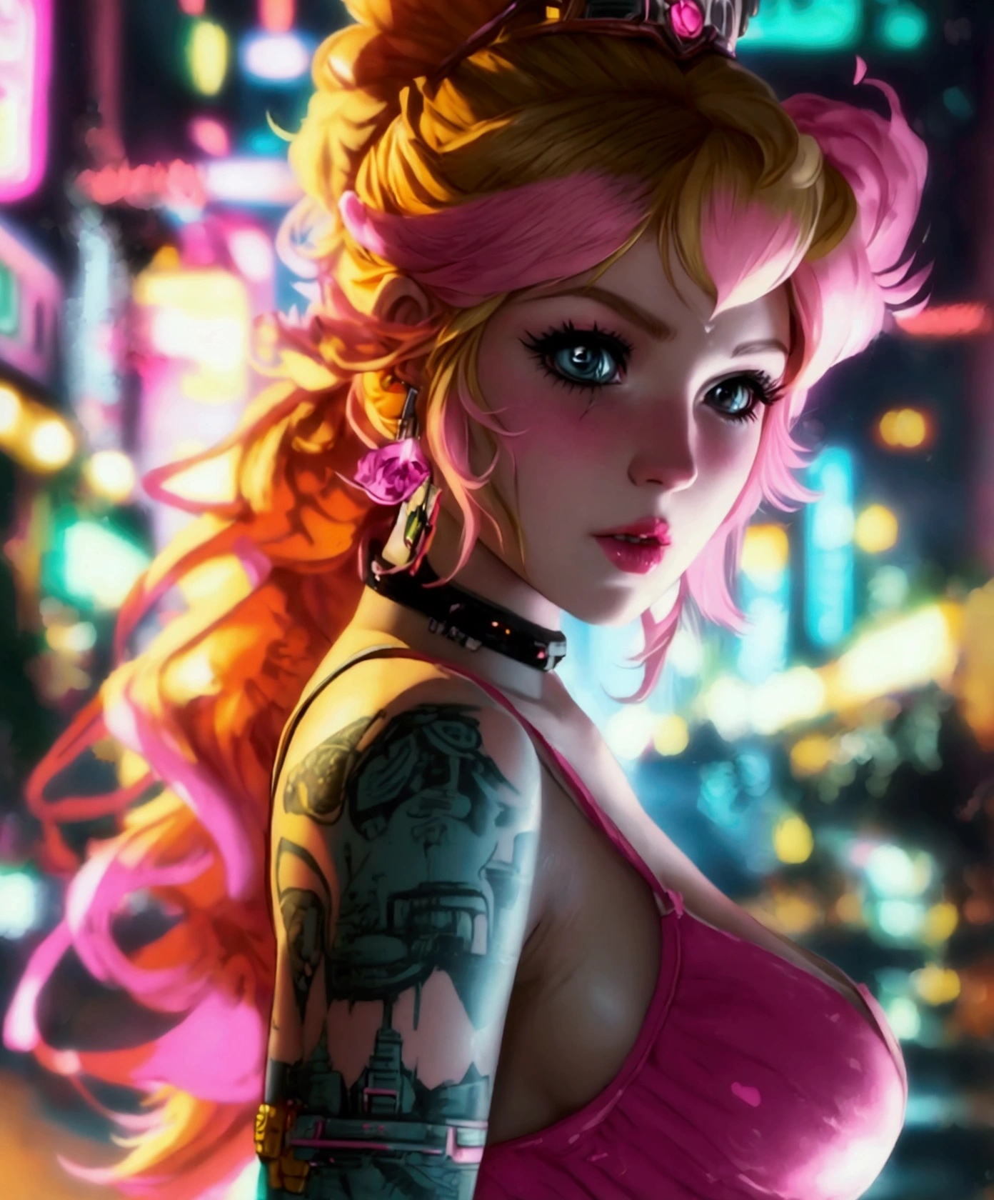 Imagine Princess Peach as a reveled female bounty hunter, with tattoos and pink highlights, in a crime neighborhood in a city and a cyber-punk era.
