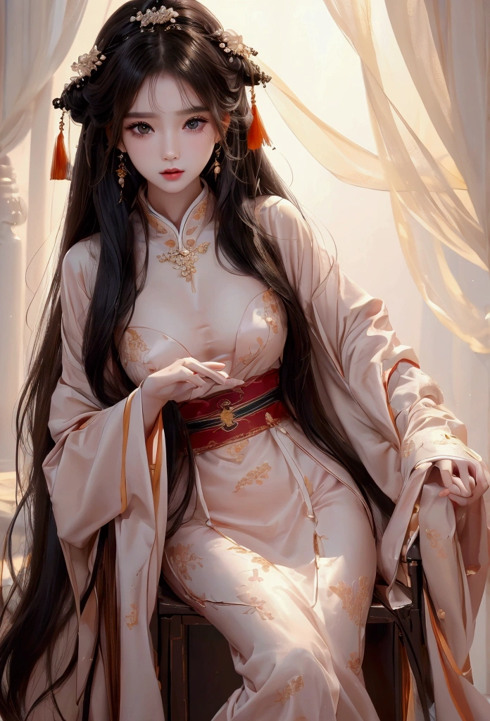 Best image quality、8K、masterpiece：1.3))、Realistic high-quality photos、Highest quality、 Beautiful face、Photos of slim models、Beautiful girl model、Young and pretty face、Beautiful model girl、A lovely and delicate face、Black Hair、Beautiful brown eyes、Young Body、Hanfu, (emphasize)、from the front、Camera gaze,、Anatomically correct、胸の谷間をemphasize、whole body、13-year-old female model
