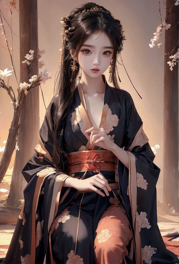 Best image quality、8K、masterpiece:1.3))、Realistic high-quality photos、Highest quality、 Beautiful face、Photos of slim models、Beautiful girl model、Young and pretty face、Beautiful model girl、A lovely and delicate face、Black Hair、Beautiful brown eyes、Young Body、Hanfu, (emphasize)、from the front、Camera gaze,、Anatomically correct、胸の谷間をemphasize、whole body、13-year-old female model