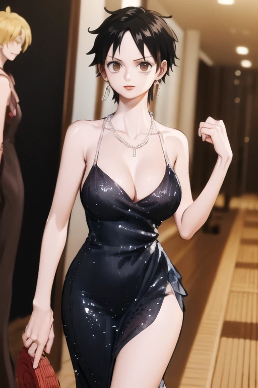 (masterpiece, best quality), beautiful face,  monkey_d_luffy, Luffy female, straw hat in her head, scar, scar under eye, genderswap, brown eyes, short black hair, elegant sleeveless dress, diamond necklace, emerald earrings, in the hall