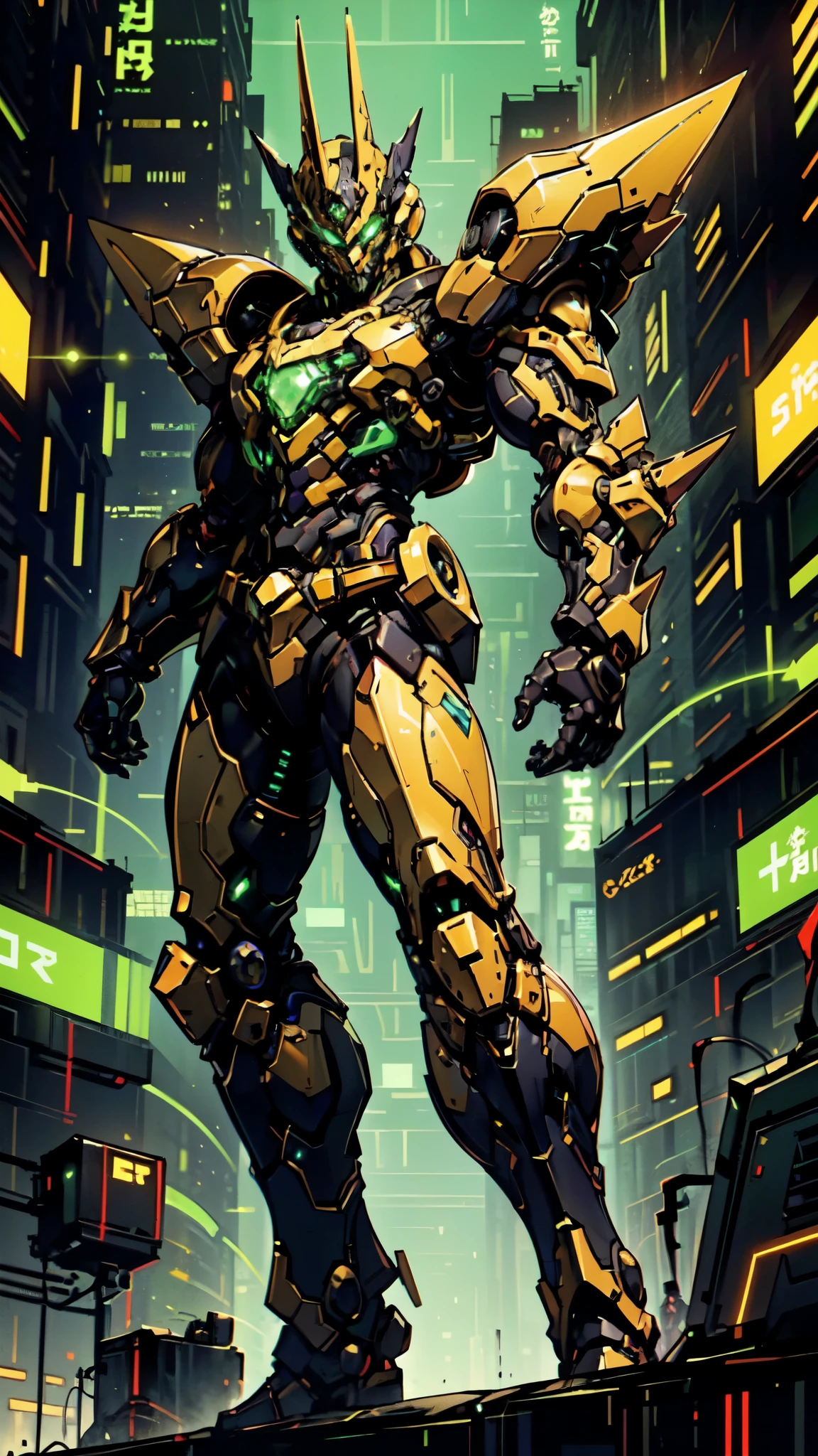 (masterpiece:1.5, best quality:1.5, extremely delicate:1.5, foreshortening:1.5, dynamic angle:1.5), a man wearing a full-face helmet, a fantasy-style biotech armored combat suit, green eyes, (a composite layered chest armor), fully enclosed shoulder guards, matching arm and leg guards, the belt is adorned with neon circuitry, (the color scheme is primarily black glow with green and red accents), the design balances heavy with agility, a high-tech bio-mecha armor, (Armor Concept Inspired by neon Cyberpunk, stand on the top of a skyscraper in a futuristic sci-fi city), this character embodies a finely crafted fantasy-surreal style armored hero in anime style, exquisite and mature manga art style, (element, plasma, energy, the armor glows), ((male:1.5)), metallic, high definition, highres, ultra-detailed, ultra-fine painting, professional, perfect body proportions, golden ratio, anatomically correct, symmetrical face, extremely detailed eyes and face, high quality eyes, creativity, RAW photo, UHD, 32k, Natural light, cinematic lighting, masterpiece-anatomy-perfect