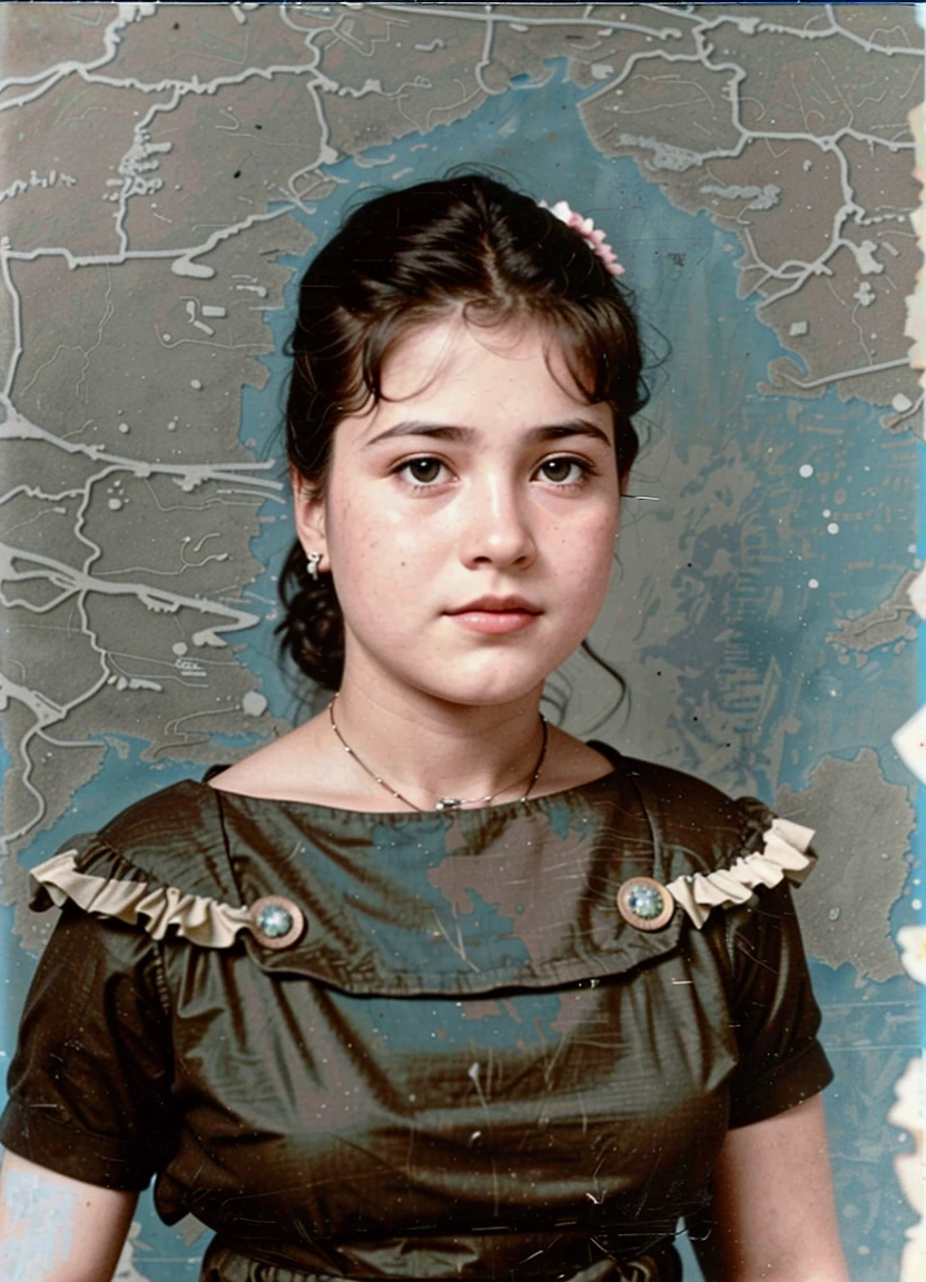 arafed photo of a young girl in a brown dress, a colorized photo,  color restoration, colored photo