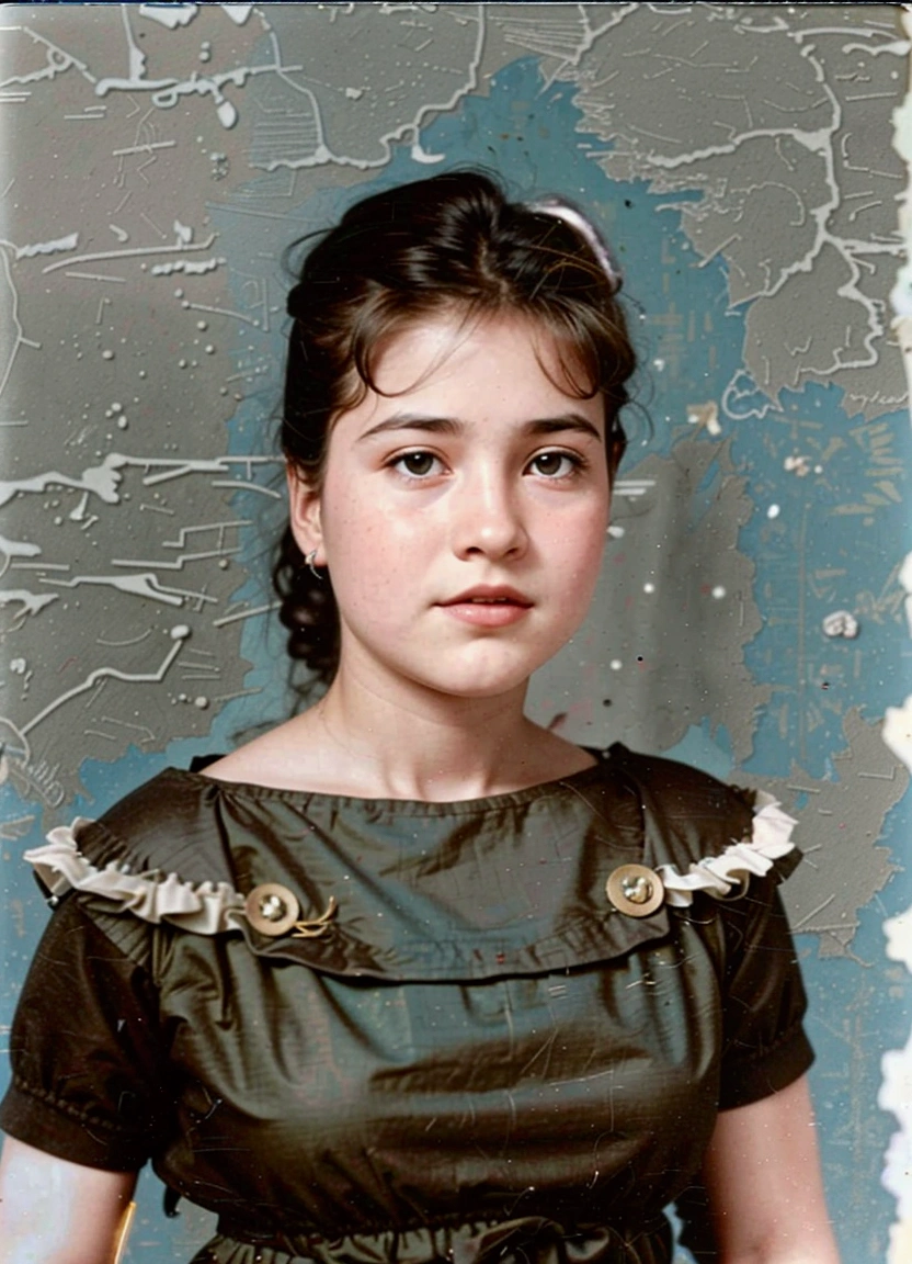 arafed photo of a young girl in a brown dress, a colorized photo, color restoration, colored photo
