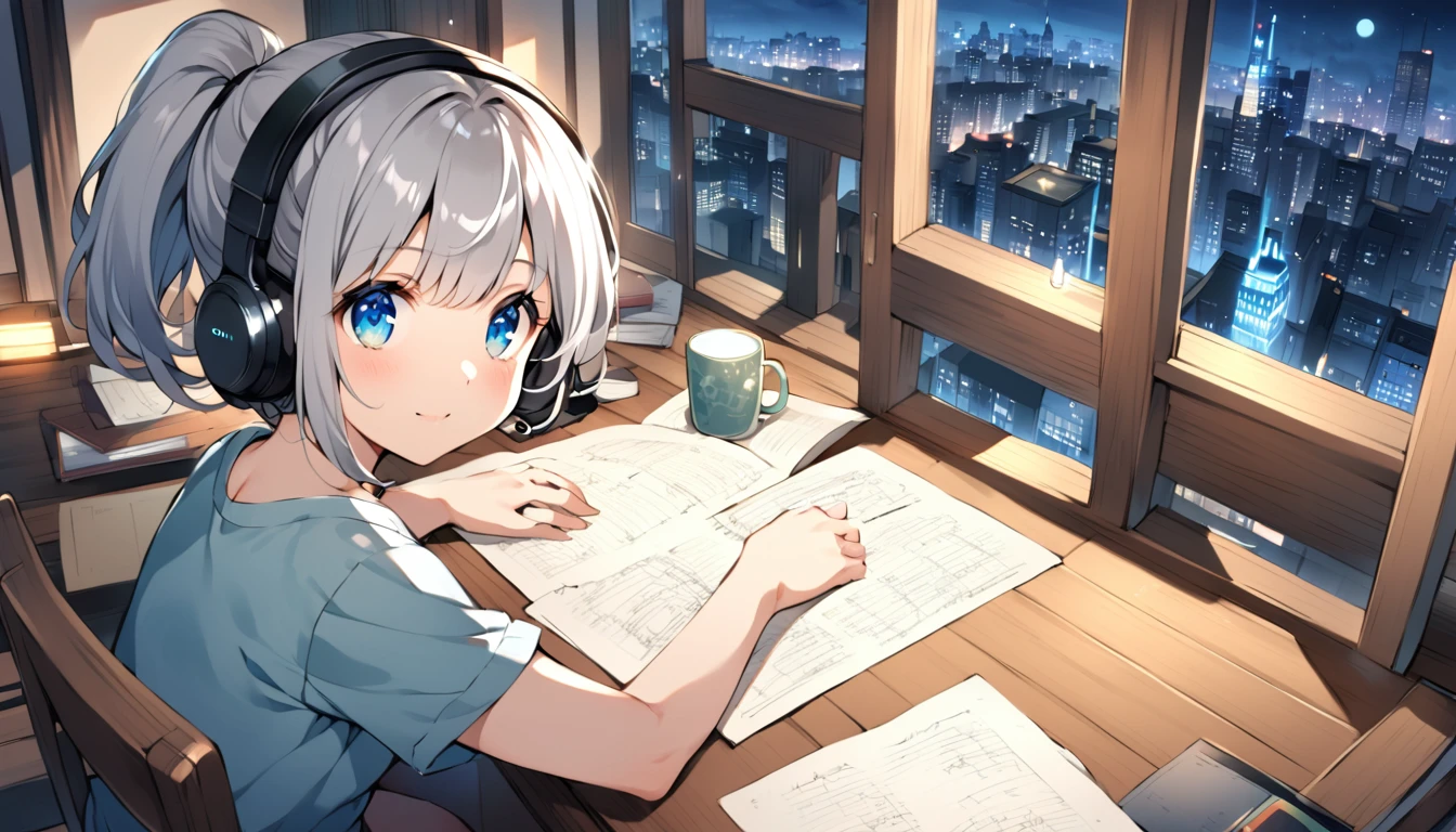 ghibli style, Hayao Miyazaki, blue eyes, gray hair, ponytail, Study while looking at your notes while wearing a Sony headset, Studying at a desk on the veranda with a night view of New York in the background, looking the viewer, shirt, Short hair, sweet girl