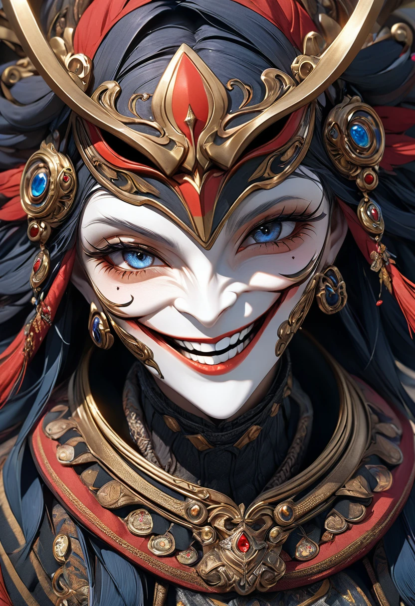 masterpiece, 8k, best quality, highly detailed, mask of a old face grinning menacingly