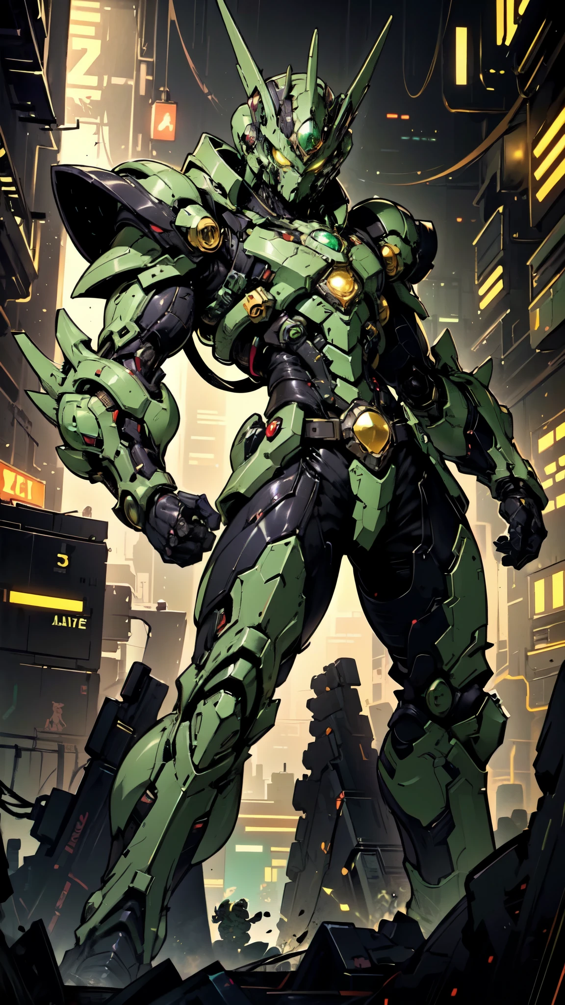 (masterpiece:1.5, best quality:1.5, extremely delicate:1.5, foreshortening:1.5, dynamic angle:1.5), a man wearing a full-face helmet, a fantasy-style biotech armored combat suit, green eyes, (a composite layered chest armor), fully enclosed shoulder guards, matching arm and leg guards, the belt is adorned with neon circuitry, (the color scheme is primarily black glow with green and red accents), the design balances heavy with agility, a high-tech bio-mecha armor, (Armor Concept Inspired by neon Cyberpunk, stand on the top of a skyscraper in a futuristic sci-fi city), this character embodies a finely crafted fantasy-surreal style armored hero in anime style, exquisite and mature manga art style, (element, plasma, energy, the armor glows), ((male:1.5)), metallic, high definition, highres, ultra-detailed, ultra-fine painting, professional, perfect body proportions, golden ratio, anatomically correct, symmetrical face, extremely detailed eyes and face, high quality eyes, creativity, RAW photo, UHD, 32k, Natural light, cinematic lighting, masterpiece-anatomy-perfect