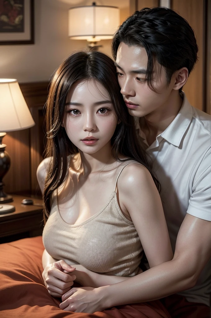 a beautiful young chinese woman in her 30s, a handsome chinese man in his 45s, intimate romantic scene, high quality, 8k, photorealistic, detailed facial features, detailed clothing, bedroom interior, soft lighting, passionate embrace, sensual poses, warm color tones