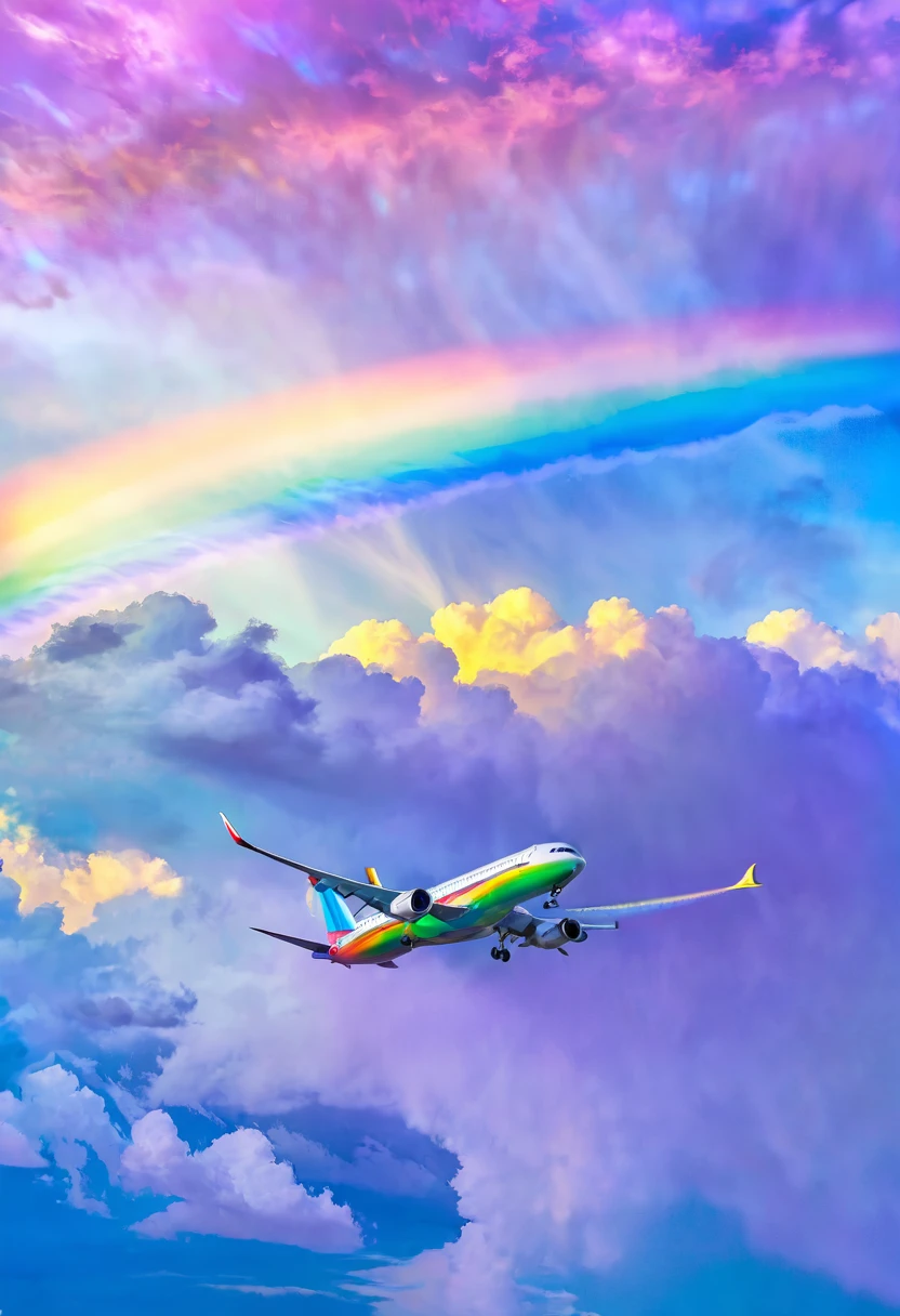 Rainbow Airplane、A plane flying in a rainbow sky，colorful，Beautiful Clouds，wonderful景色，Utopia，An atmosphere full of dreams and hope，masterpiece．16K, Ultra-high resolution, Ultra-high resolution, to be born,wonderful ,future、Iridescent、The world 30 years from now。