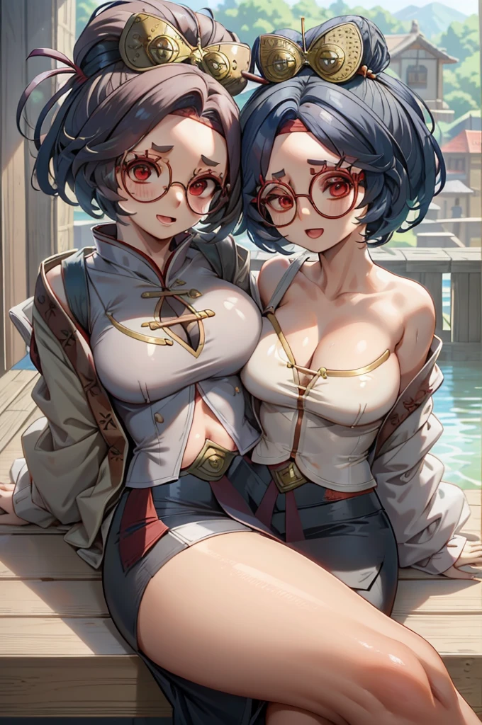 masterpiece, best quality, two heads, purah, red glasses, hair ornament, white jacket, sleeveless shirt, black skirt, upper body, from above, looking at viewer, smile, open mouth, furrowed brow, rustic village