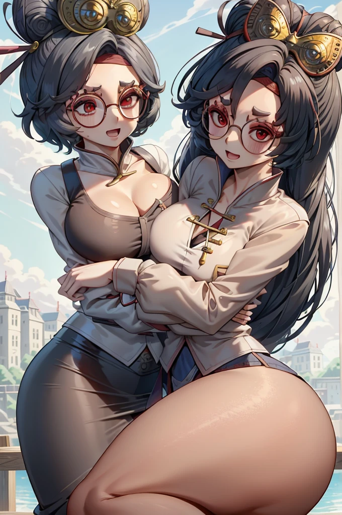masterpiece, best quality, two heads, purah, red glasses, hair ornament, white jacket, sleeveless shirt, black skirt, upper body, from above, looking at viewer, smile, open mouth, furrowed brow, rustic village