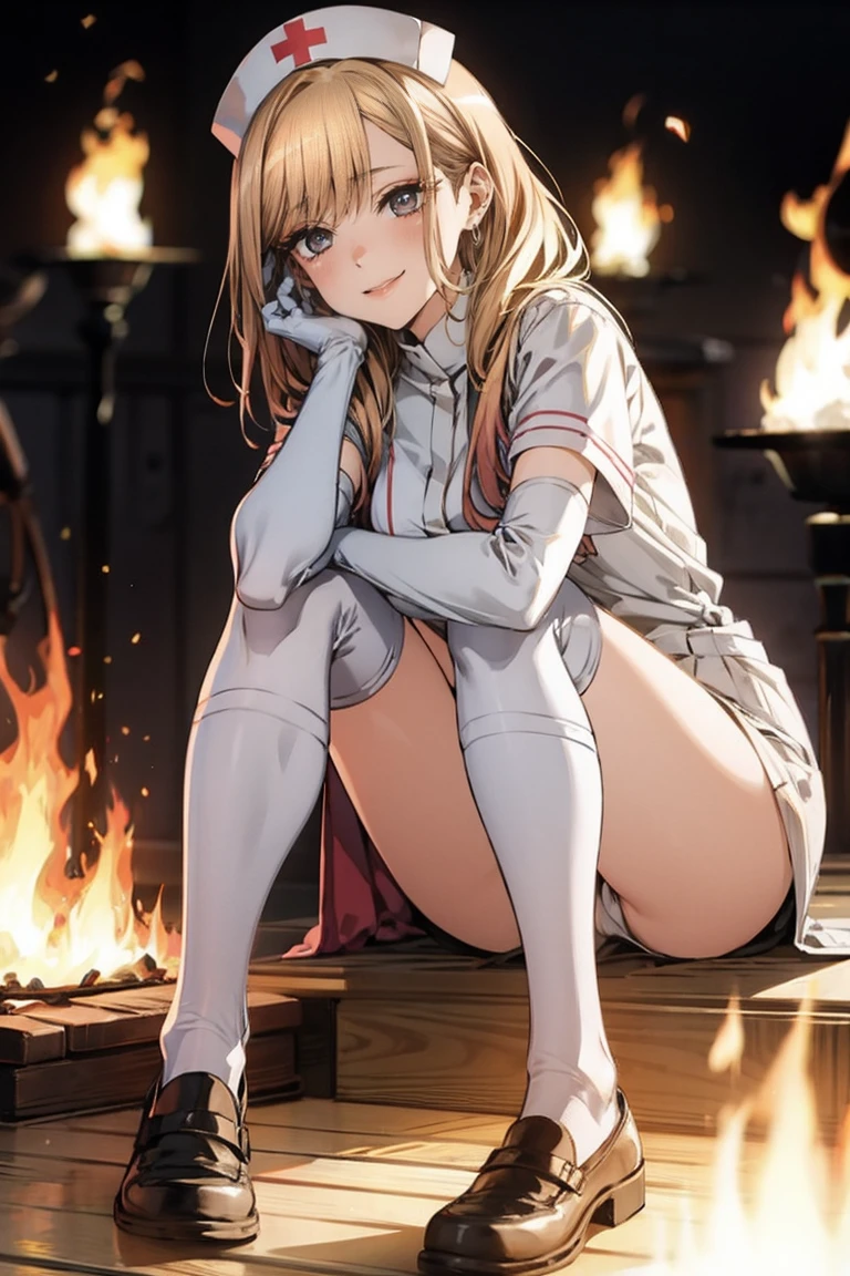 Bonfire, Kitagawa Marin、Blonde, One Girl, alone, , Earrings ,Show Viewer, blush, , long white elbow satin gloves, , nurse's uniform, jewelry, very, A kind smile, Long white elbow gloves, White gloves, 、whole body、Muscles of a man、sexy、Knee-high socks、Spread your legs
