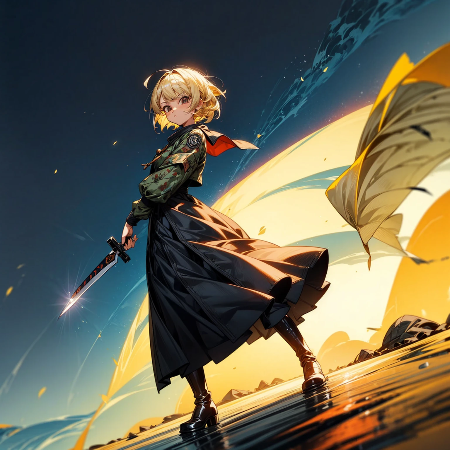 1girl, Full body version, 1character, girl version, black eyes color, bob Curly haircut, blonde colour hair, army style clothing, long skirt, long boots, knife in hand, Grassroots, background in beach, motion blur, (dragon ball style art), standing gesture, (high angle view) 