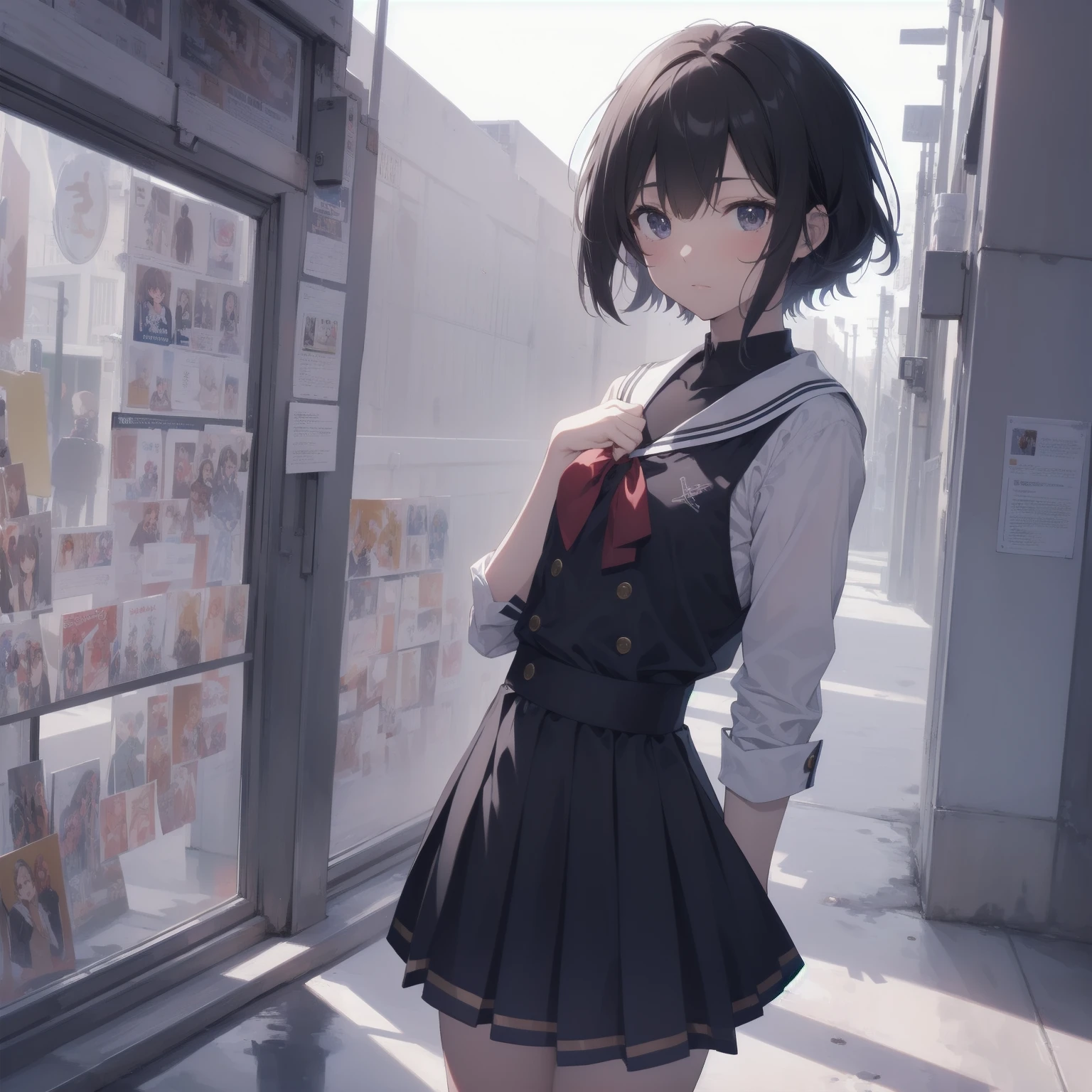 ultra-absurdres-Top quality by artist God, ultra-detailed, high resolution, anime moe artstyle, best anime 8k konachan wallpaper, pixiv contest winner, pool:2810, perfect anatomy,break, 1girl, (Please draw a girl walking sleepily to school alone. )break,(Solo,little female, 13-year-old:1.3),Full limbs, complete fingers,a junior high school student, (very short hair), short cut, flat chest, , small butt, small black eyes, beautiful detailed eyes, well-proportioned iris and pupils, expressive eyes, highres detailed hair, soft expression, salor school_uniform, sailor collar, serahuku, bow, pleated skirt,(Detailed Lighting), (Detailed background), in the School commute route. break,super detailed skin, Best cinematic lighting powered by famous artist, 8k,beauty illustration,photoshop_(medium),very aesthetic,break,((artist:tomose_shunsaku )), artist:clamp ,artist:carnelian ,artist:kantoku ,
