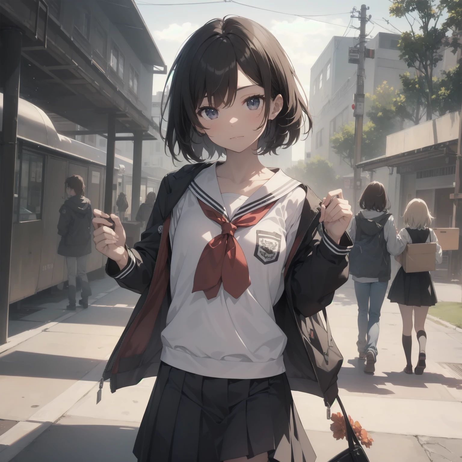 ultra-absurdres-Top quality by artist God, ultra-detailed, high resolution, anime moe artstyle, best anime 8k konachan wallpaper, pixiv contest winner, pool:2810, perfect anatomy,break, 1girl, (Please draw a girl walking sleepily to school alone. )break,(Solo,little female, 13-year-old:1.3),Full limbs, complete fingers,a junior high school student, (very short hair), short cut, flat chest, , small butt, small black eyes, beautiful detailed eyes, well-proportioned iris and pupils, expressive eyes, highres detailed hair, soft expression, salor school_uniform, sailor collar, serahuku, bow, pleated skirt,(Detailed Lighting), (Detailed background), in the School commute route. break,super detailed skin, Best cinematic lighting powered by famous artist, 8k,beauty illustration,photoshop_(medium),very aesthetic,break,((artist:tomose_shunsaku )), artist:clamp ,artist:carnelian ,artist:kantoku ,