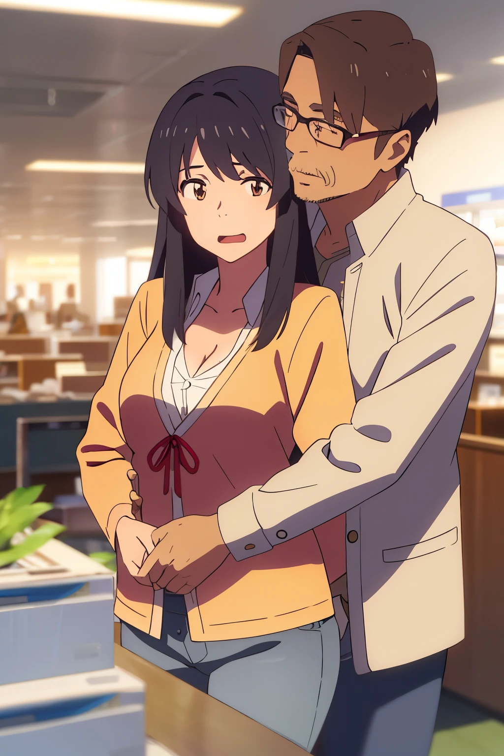 shinkai makoto, kimi no na wa., middle aged man, bangs swipe to the right, office suite, wrinkles, mustache, middle aged man touching girl chest,chestgrope from behind, passionate hug, middle aged man is hugging from behind, 1girl, bangs, black hair, brown eyes, open mouth, Twisted Half Up, red ribbon, long hair, long sleeve light yellow cardigan, open shirt, yellow shirt, cleavage, breast, medium breast, Orange shirt, orange jeans, indoors, mall, masterpiece, perfect anatomy, cowboyshot,