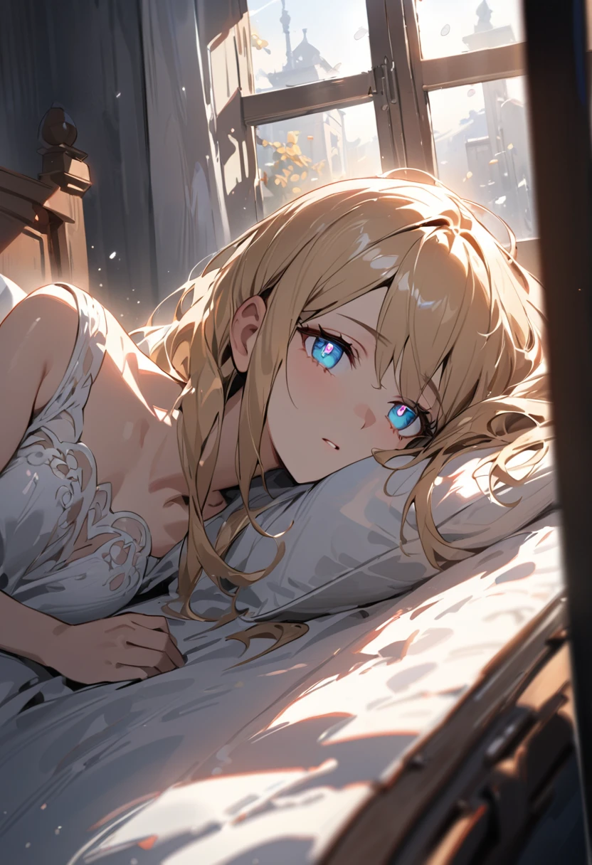 European style room, sunlight coming in through the window, girl lying on her side on the bed, looks 16 or 17 years old, long blonde hair, dressed in a white saree, slender body lying on her side on the side of the bed, cold expression, blue pupils, just woke up from a nap, pale face, dress protecting her chest beautiful picture, masterpiece, cinematic light, masterpiece, impasto
