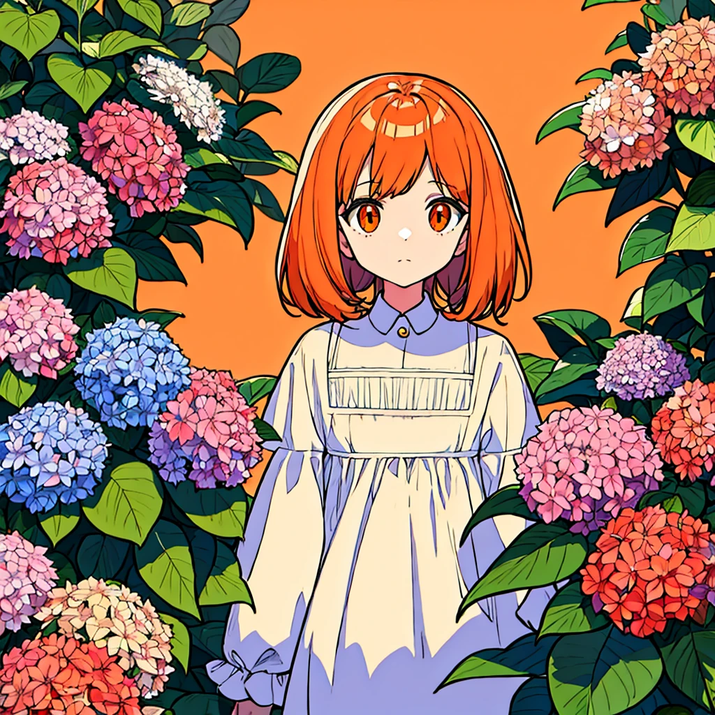 Orange plain background Girl in white clothes Hydrangea Simple