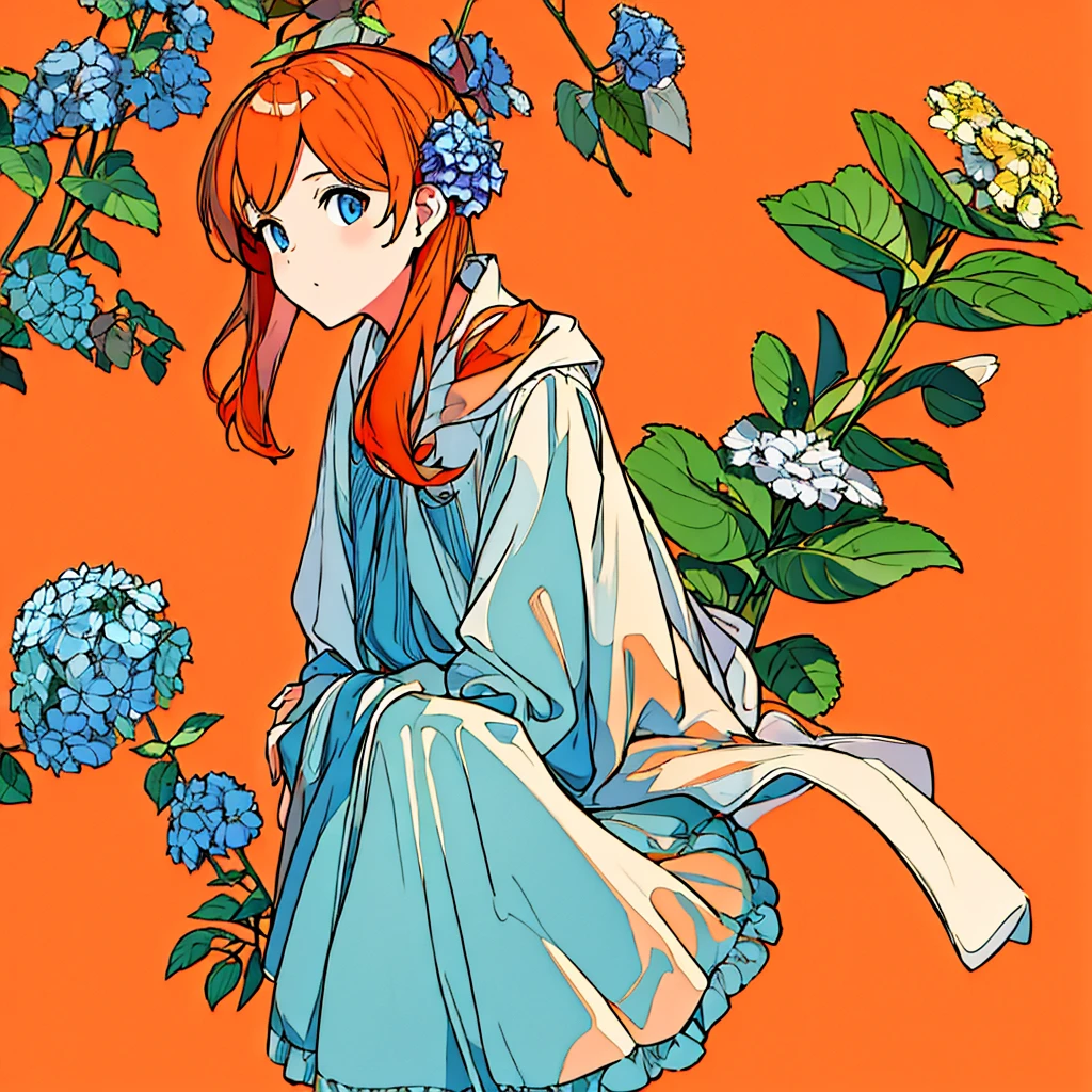 Orange plain background Girl in white clothes Hydrangea Simple