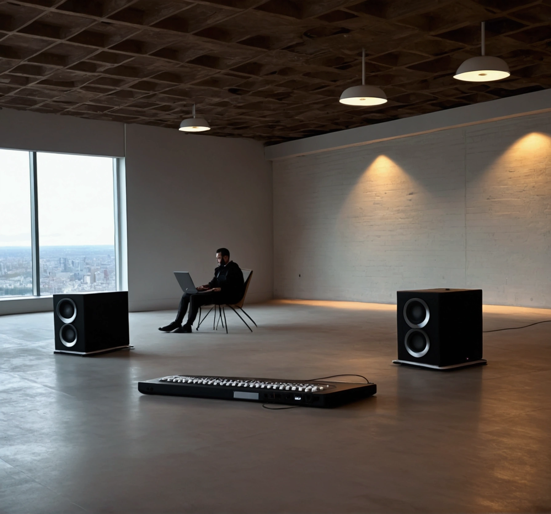 Large room at the top of a building with a laptop and two speakers on the floor, view of the city from a large window, On a cloudy day