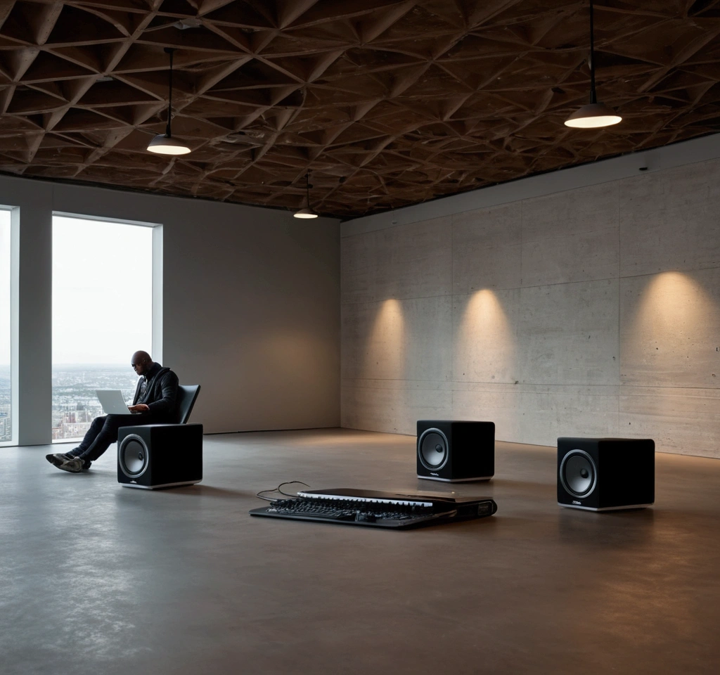 Large room at the top of a building with a laptop and two speakers on the floor, view of the city from a large window, On a cloudy day 