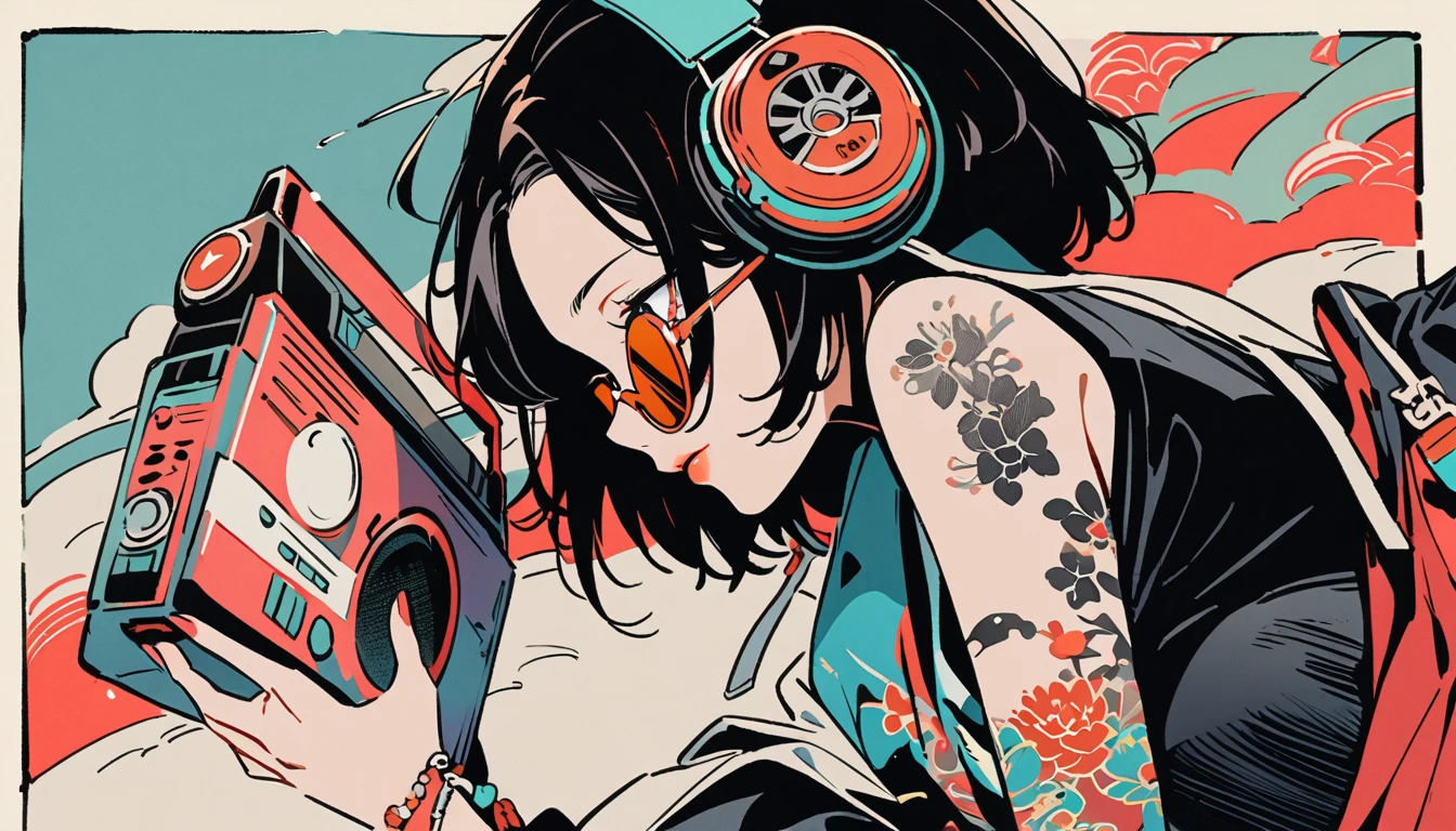 Looking down, Ink Painting, 1 girl, Tattoo on face, sunglasses, Japanese style headphones, beautiful girl, Black Hair, Hold the boombox with both hands, Delicate and precise, Modern ukiyo-e style, Multicolored background