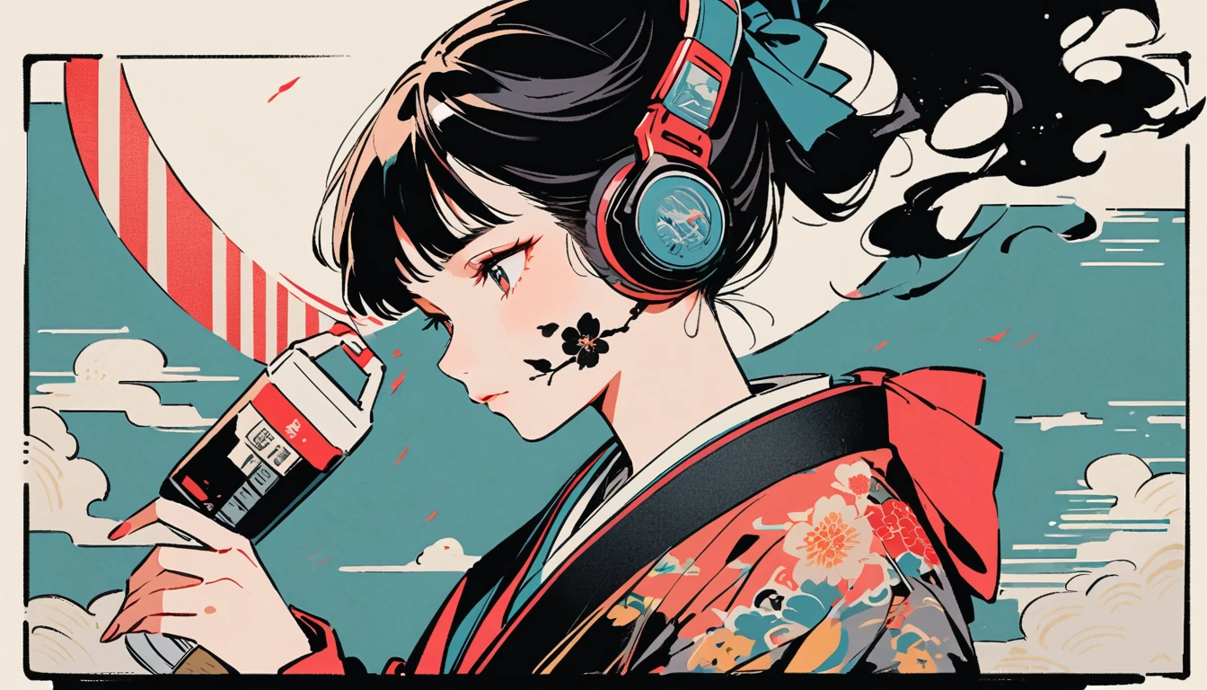 Looking down, Ink Painting, 1 girl, Tattoo on face, sunglasses, Japanese style headphones, beautiful girl, Black Hair, Hold the boombox with both hands, Delicate and precise, Modern ukiyo-e style, Multicolored background