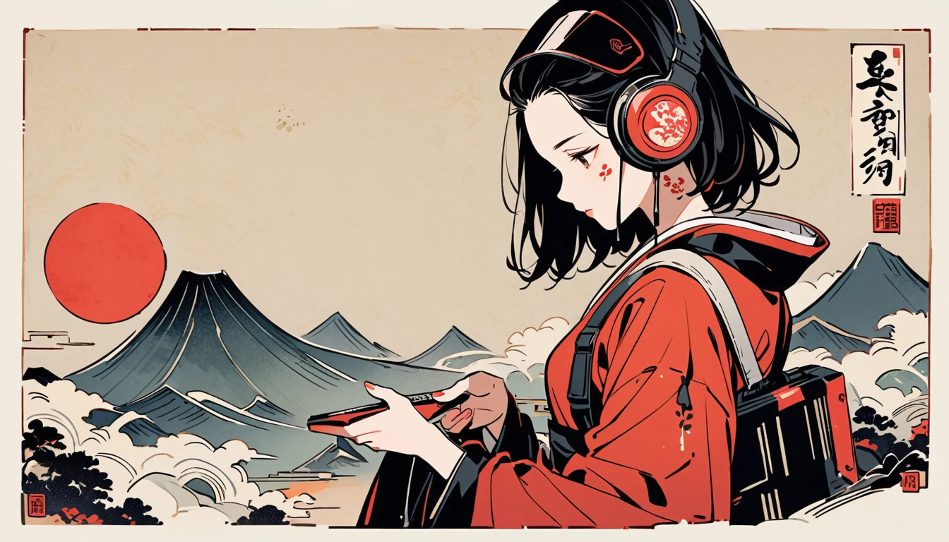 Looking down, Ink Painting, 1 girl, Tattoo on face, sunglasses, Japanese style headphones, beautiful girl, Black Hair, Hold the boombox with both hands, Delicate and precise, Modern ukiyo-e style, Multicolored background