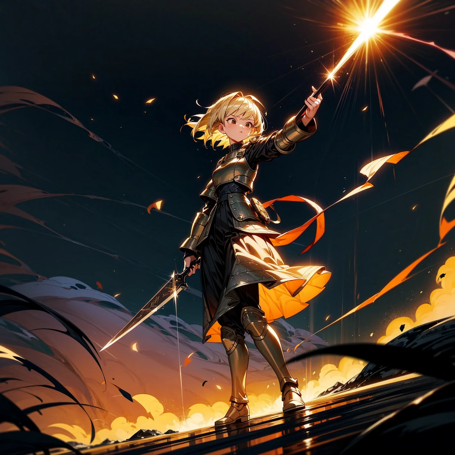 1girl, Full body version, 1character, girl version, black eyes color, bob Curly haircut, blonde colour hair, army style clothing, long skirt, long boots, iron armor, gold knife in hand, Grassroots, background in beach, motion blur, (dragon ball style art), standing gesture, (high angle view) , aura effect, lighting aura, smoke effect, lighting sun, sun, plasma effect, smoke effect, fire, lighting knife 