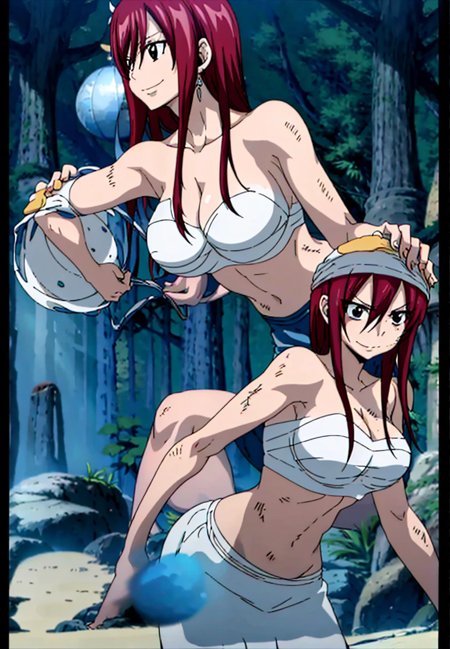 masterpiece, anime style, beach, best quality, highres, fairy tail, 2 girls, big breasts, collarbone, midriff, sarashi wrap, standing, insane smile,mature woman, tall, short hair, pail skin, full body view, perfect body