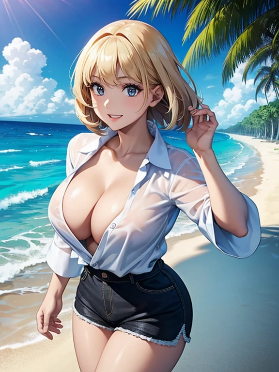 (Highest quality、masterpiece、High resolution、8K)、Vibrant colors、Young and beautiful woman 1、whole body、Brown and black short bob、barefoot、(Detailed face、Beautiful Eyes、Beautiful nose、Pretty lips)、Ample beautiful breasts、Beautiful cleavage、White shirt and shorts、Running on the beach、A refreshing smile、Official Art、The background is the sea、blue sky、Large white waves and wide sandy beach、Wide forest、White Entrance Cloud、(Depth of written boundary:1.3)、