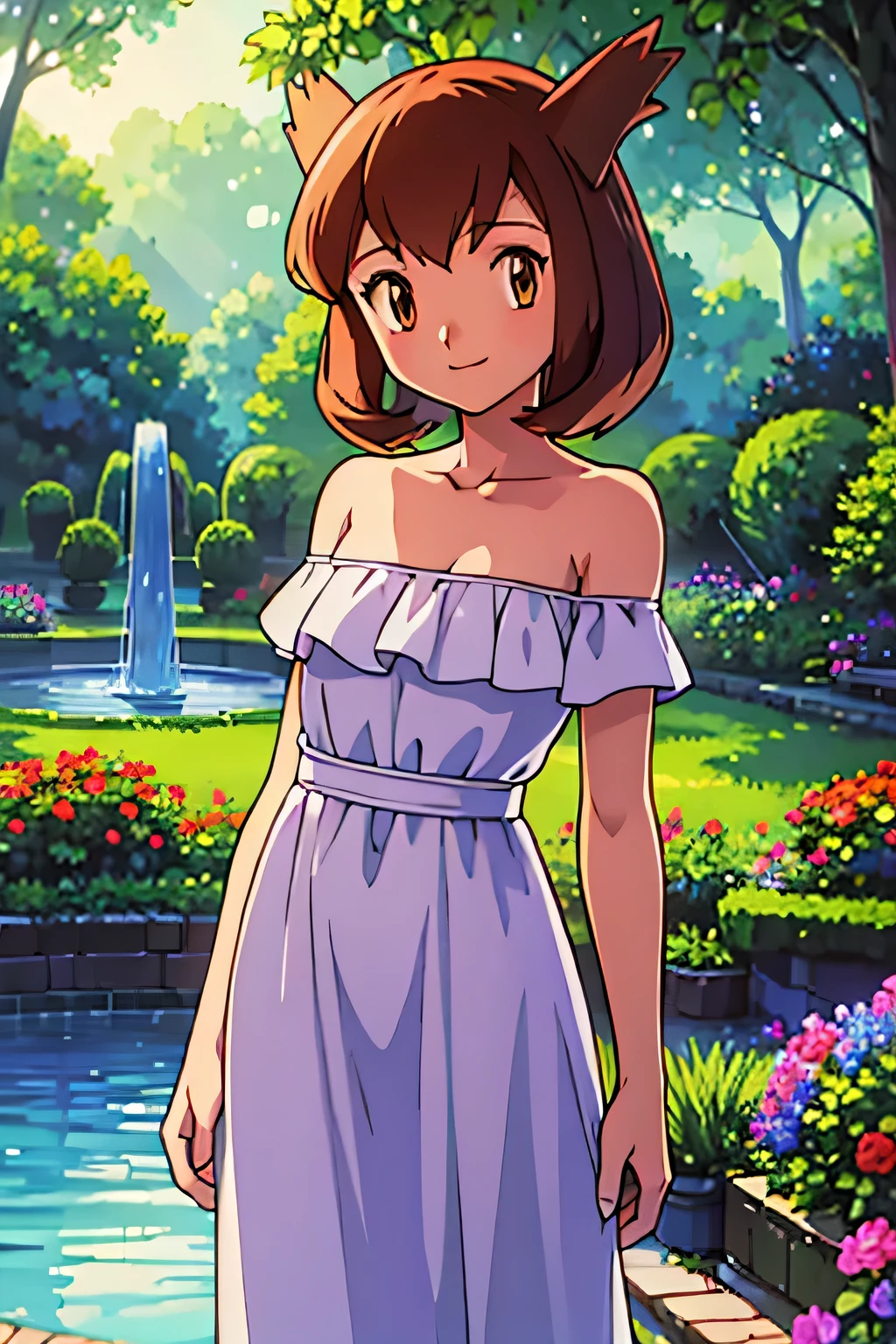 masterpiece, best quality, ultra-detailed, illustration, beautiful detailed eyes, very detailed illustration, cinematic lighting, 1 girl, solo, Pokemon Heroes (Bianca), Brown Hair, brown eyes, bare shoulders, strapless, off shoulders, white ruffle off the shoulder top, white maxi dress, intricate details, sharp focus, high resolution, the background of beautiful garden with a forest of flowers, at sunrise, smile, standing near a water pool on the bottom, arms behind back, anime style, ultra-detailed, hdr, far at the bottom, in the center, Close up