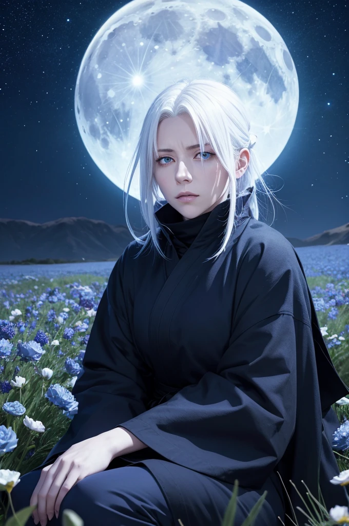 anime panel jujutsu kaisen one with straight white hair and big bright blue eyes wearing the jujutsu she is sitting in a field of blue rose flowers on a full moon starry night
