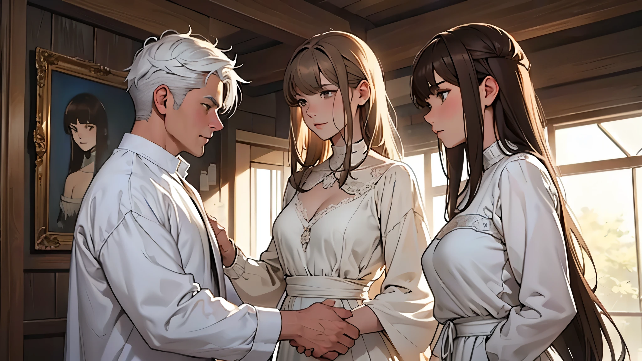 ((best quality)), ((work of art)), ((detailed)), man, white hair, casual clothes, shaking hands with a woman, brown hair with bangs, wearing a white dress with a neckline
