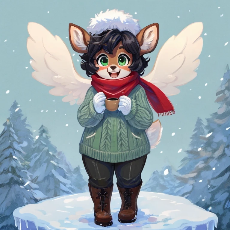 Cute, deer boy, small deer antlers, innocent, chubby, fat, big thighs, androgynous, femboy, short curly hair, black hair, fawn spots, freakles, ((cute)), smiling, wearing cottage core outfit, pastel color scheme, young, cartoony, adorable, deer tail, moss green eyes, angel wings, dynamic pose, excited pose, energetic pose, happy pose, winter, winter clothes, white and blue color scheme, winter colors, snow, ice, wearing a chunky knit turtleneck sweater in a rich cream or soft gray with high-waisted wool trousers in charcoal or navy and a long tailored coat in a deep, warm color like burgundy or forest green along with a cashmere scarf in a complementary color leather gloves and a felt fedora also ankle boots in a classic black or brown and a sleek leather bag and minimal silver jewelry, drinking hot coco, in a french cafe, snow falling,