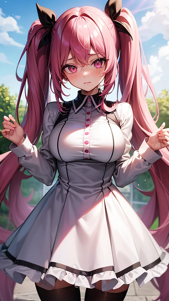 (Highest quality,Super detailed,girl),Black tights,Pink Hair,Height: 160cm,cute,Pink Eyes,Twin tails,Big Breasts,Wearing a uniform,Her eyes are white and shining,Look at me from up close,Has bright white eyes,Has an embarrassed look on his face,