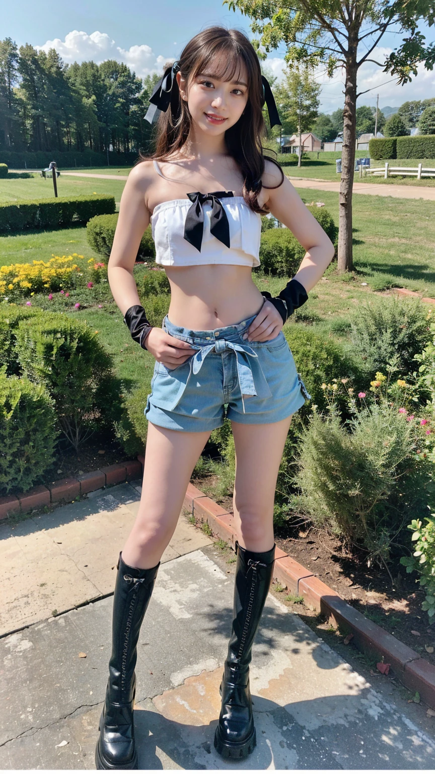 madelaine petsch, (((on an empty street))), (((blusa top branco, saia curta e colada azul))), 60's, distant image, ((full body photography)), ((insanely detailed face)), (((photography4k))), ((sun day)), (((blue sky, happy day))), cores vivas, fundo vivo, sozinha