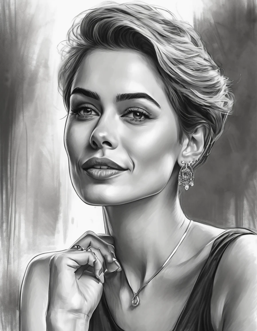 a drawing of a woman with short hair and earrings, detailed beauty portrait, detailed beautiful portrait, realistic pencil drawing, extremely detailed woman, elegant digital painting, detailed woman, detailed illustration portrait, epic portrait illustration, stunning drawing, beautiful drawing style, beautiful beautiful digital art, Bela arte UHD 4K, realistic sketch, elegant drawing, high quality sketch art