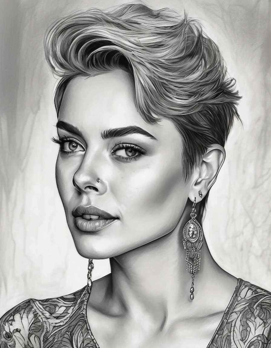 a drawing of a woman with short hair and earrings, detailed beauty portrait, detailed beautiful portrait, realistic pencil drawing, extremely detailed woman, elegant digital painting, detailed woman, detailed illustration portrait, epic portrait illustration, stunning drawing, beautiful drawing style, beautiful beautiful digital art, Bela arte UHD 4K, realistic sketch, elegant drawing, high quality sketch art