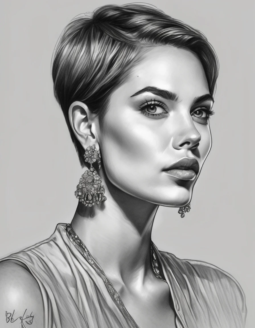 a drawing of a woman with short hair and earrings, detailed beauty portrait, detailed beautiful portrait, realistic pencil drawing, extremely detailed woman, elegant digital painting, detailed woman, detailed illustration portrait, epic portrait illustration, stunning drawing, beautiful drawing style, beautiful beautiful digital art, Bela arte UHD 4K, realistic sketch, elegant drawing, high quality sketch art