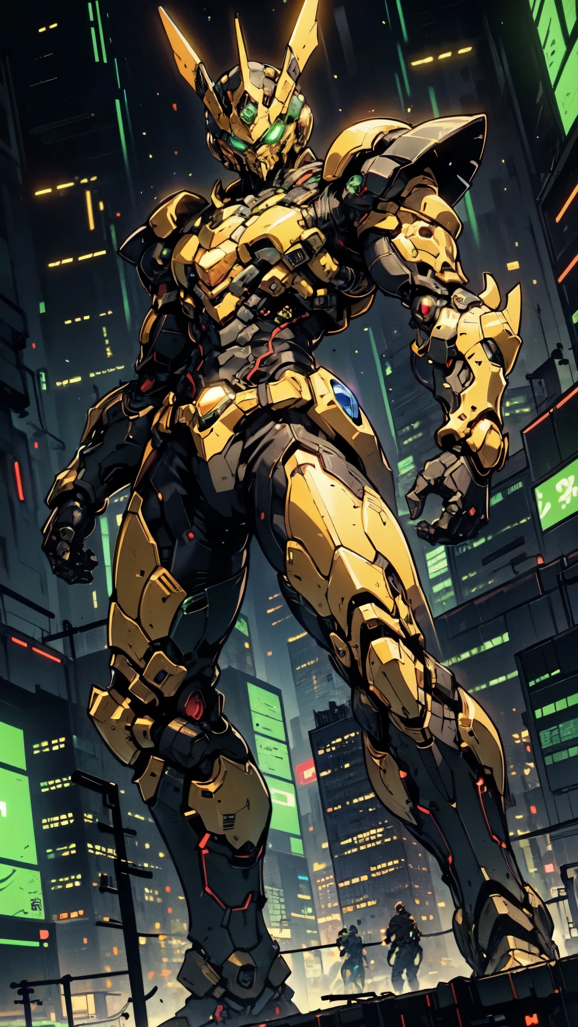 (masterpiece:1.5, best quality:1.5, extremely delicate:1.5, foreshortening:1.5, dynamic angle:1.5), a man wearing a full-face helmet, a fantasy-style biotech armored combat suit, green eyes, (a composite layered chest armor), fully enclosed shoulder guards, matching arm and leg guards, the belt is adorned with neon circuitry, (the color scheme is primarily black glow with green and red accents), the design balances heavy with agility, a high-tech bio-mecha armor, (Armor Concept Inspired by neon Cyberpunk, stand on the top of a skyscraper in a futuristic sci-fi city), this character embodies a finely crafted fantasy-surreal style armored hero in anime style, exquisite and mature manga art style, (element, plasma, energy, the armor glows), ((male:1.5)), metallic, high definition, highres, ultra-detailed, ultra-fine painting, professional, perfect body proportions, golden ratio, anatomically correct, symmetrical face, extremely detailed eyes and face, high quality eyes, creativity, RAW photo, UHD, 32k, Natural light, cinematic lighting, masterpiece-anatomy-perfect