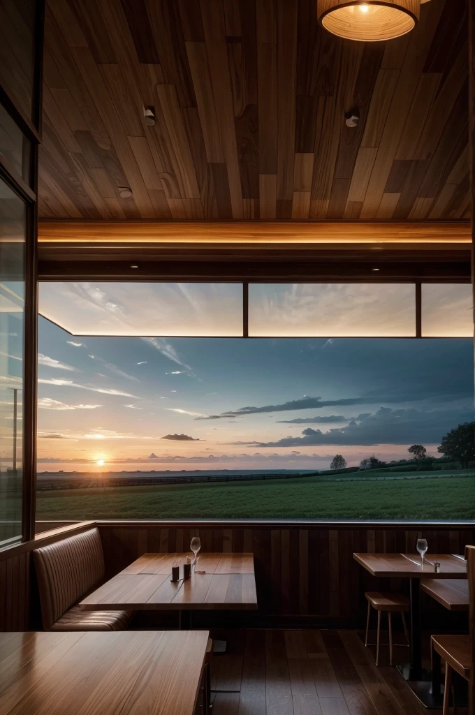 Restaurant with landscape to the horizon, landscape with twilight and sunset on the farm in high quality, with details and high resolution, Zaha Hadid style restaurant with wood and metal texture in high resolution, 8k UHD