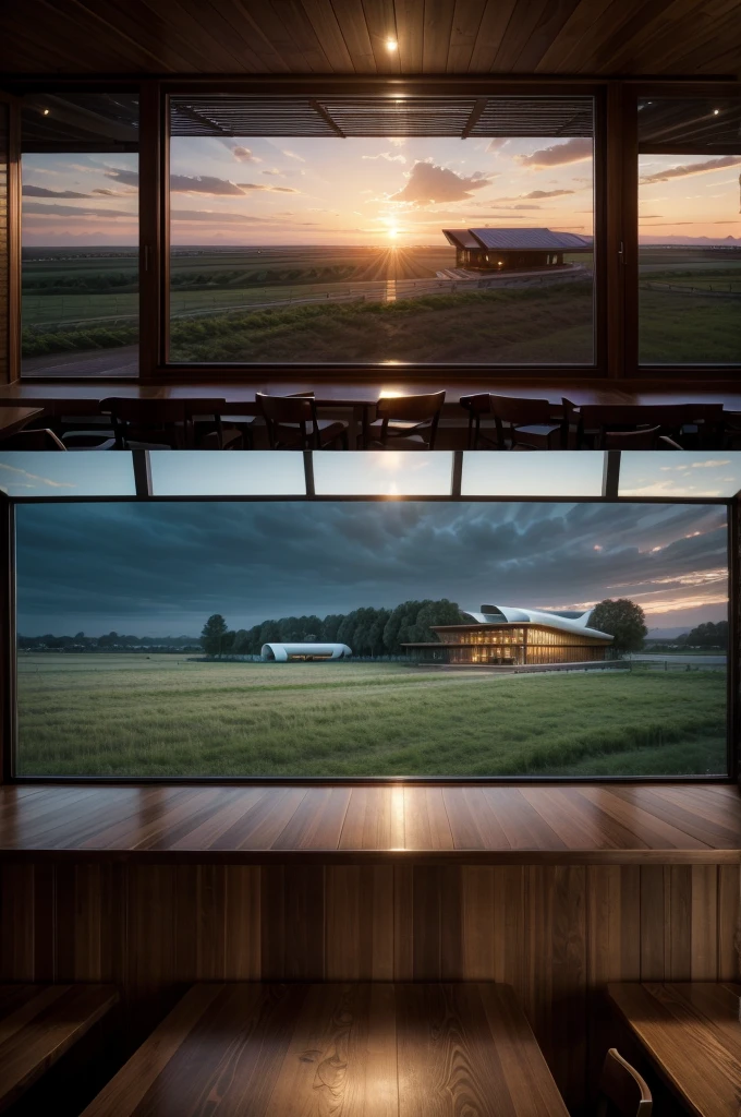 Restaurant with landscape to the horizon, landscape with twilight and sunset on the farm in high quality, with details and high resolution, Zaha Hadid style restaurant with wood and metal texture in high resolution, 8k UHD